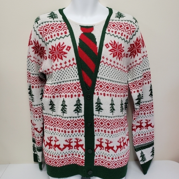 Jolly Sweaters Mens Faux Cardigan Christmas Holiday Knit Sweater Size Medium - Picture 1 of 5